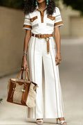 Women's Elegant Contrast Trim Jumpsuit with Pinstripe Wide-Leg Silhouette