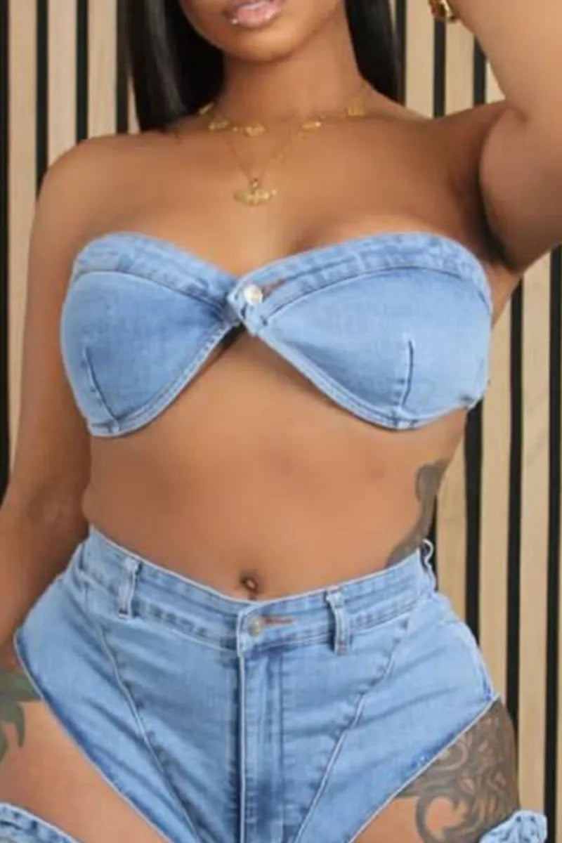 Ladies' Washed Elastic Denim Special Split Zipper 3d Pocket Belt Sexy Top And Pants