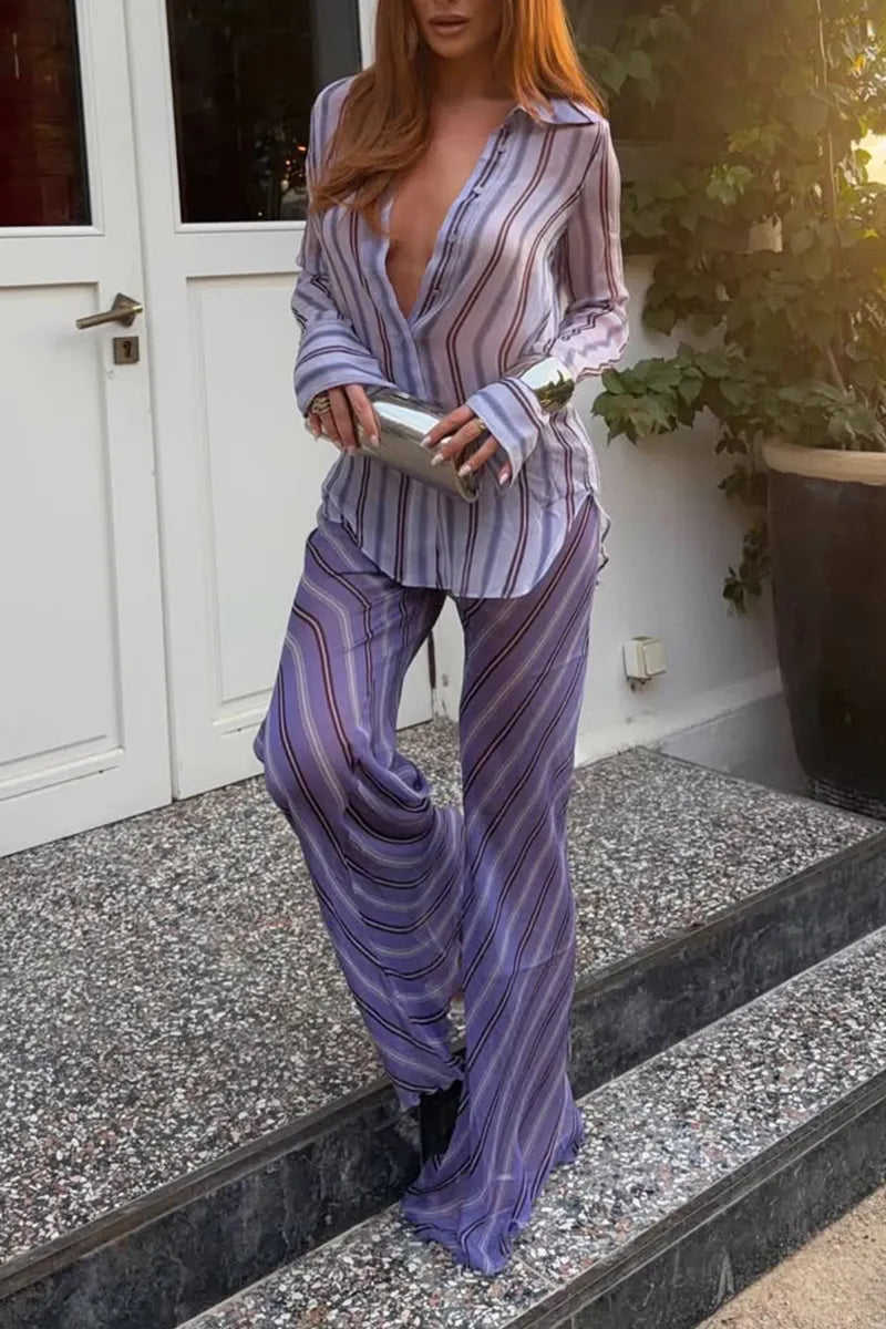 Women Collar Vertical Striped Shirt+ Pants Casual Suit