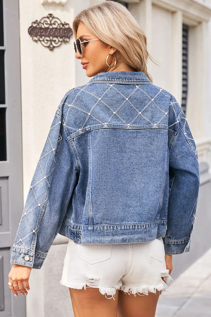 Fashion Plaid Embroidered Beaded Short Denim Jacket