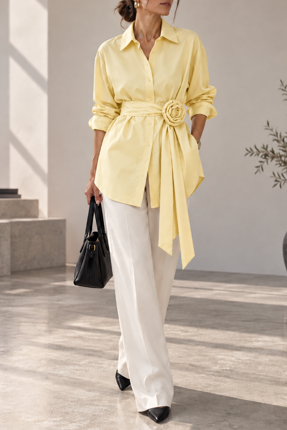Women's Butter Yellow Button Down Shirt with 3D Rose Flower Belt Long Sleeve Lapel Blouse Tie Waist Casual Elegant Work Tops