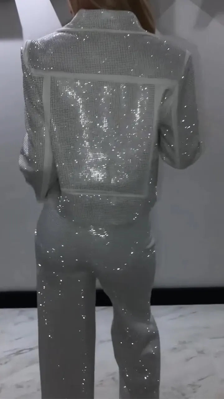 Women Laple Collar Hot Diamond Jacket+ Pants Sparkling Casual Set