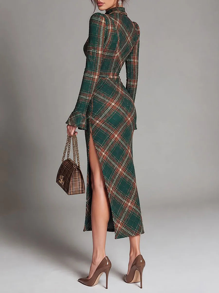Green Plaid Lace Panel Long Sleeve Midi Dress with High Slit