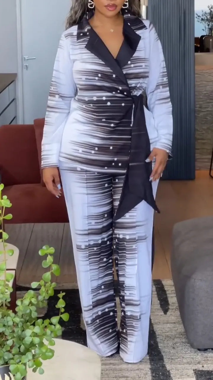 Women Collar Dyed Striped Jacket + Pants Temperament Commuting Suit
