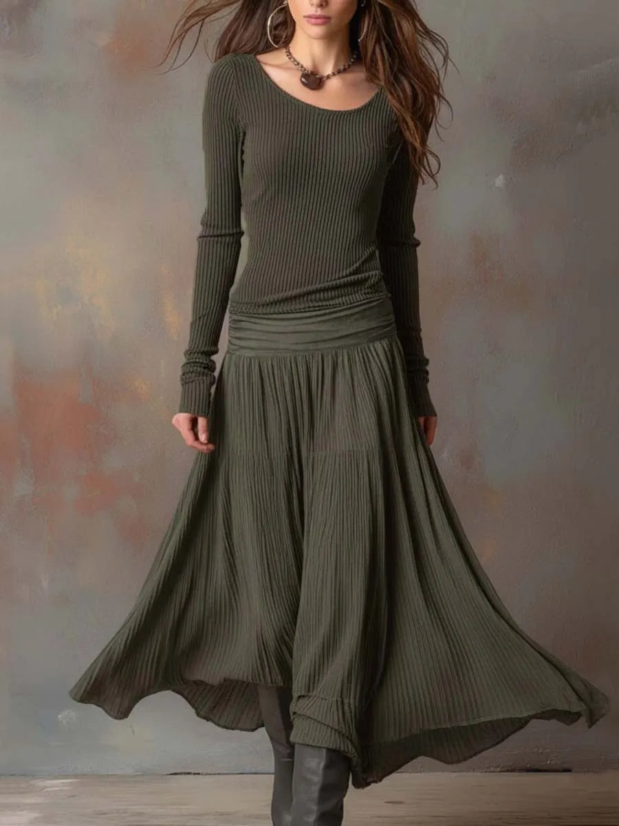 Vintage Ribbed Knit Maxi Dress In Charcoal Gray