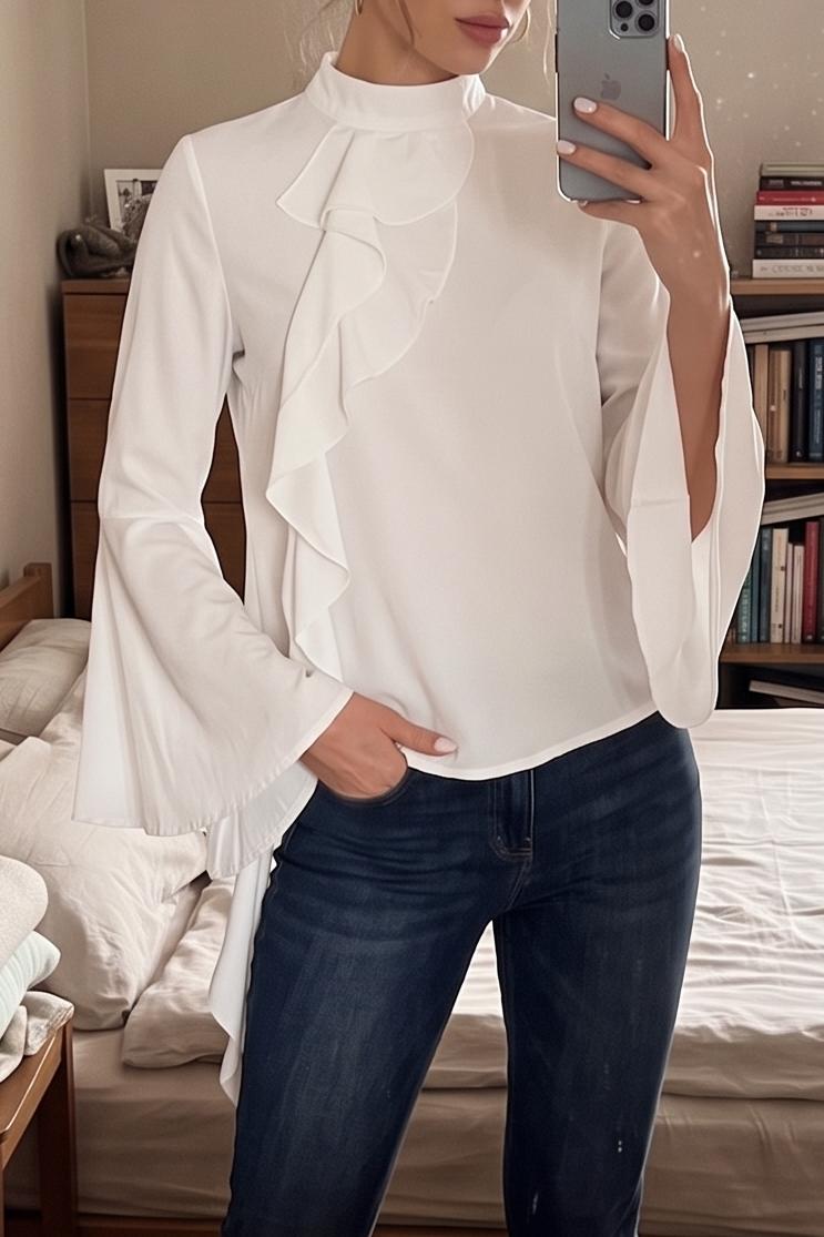 Women's Elegant Mock Neck Flare Sleeve Blouse Waterfall Ruffle Front Long Bell Sleeve Work Office Tops Dressy Casual Shirts