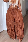 Women Solid-Color Casual Wide-Leg Pants with Drawstring and Contrast Stitching