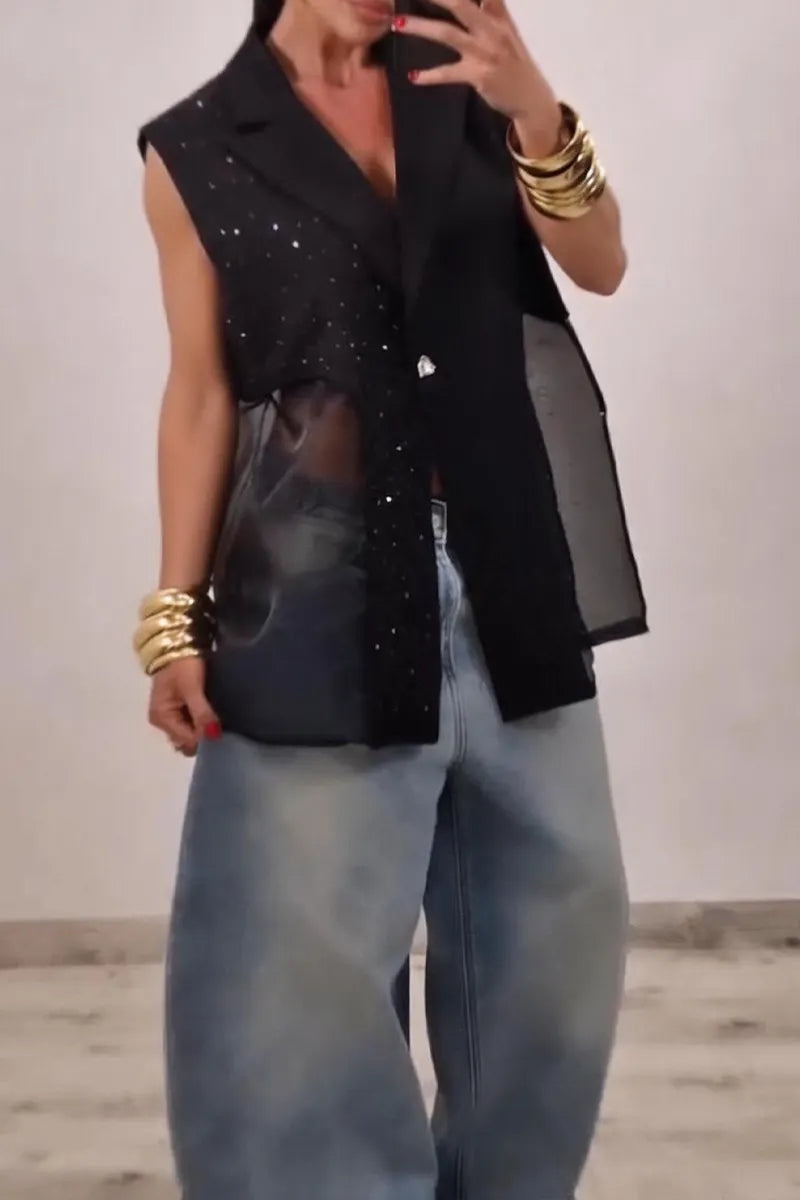 Women's Fashion Mesh Panel Rhinestone Lapel Vest