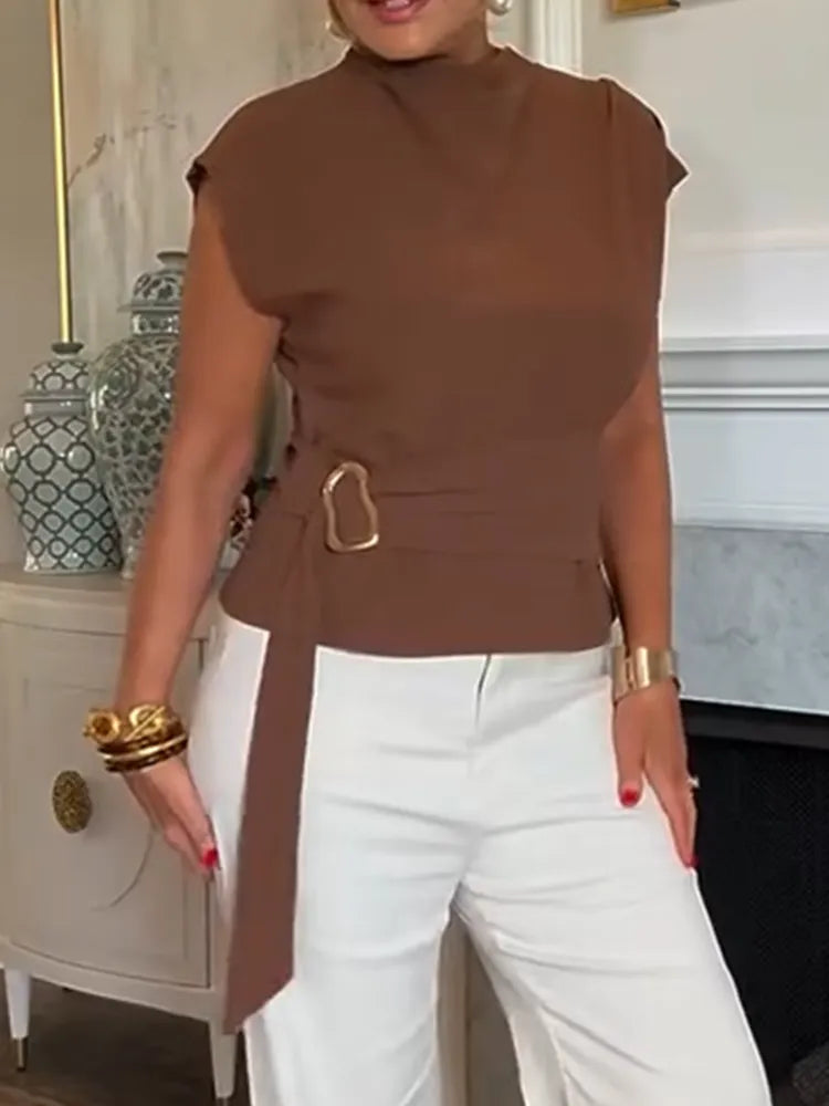 Women Round Neck Waistband Strap Metal Buckle Casual Top
