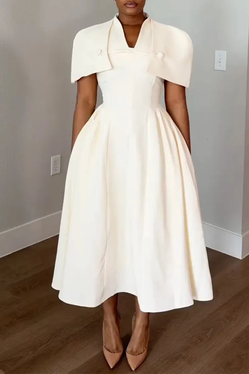 Women V-neck Waist Cinched Solid Color Dress+ Shawl Elegant Temperament Set