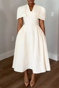 Women V-neck Waist Cinched Solid Color Dress+ Shawl Elegant Temperament Set