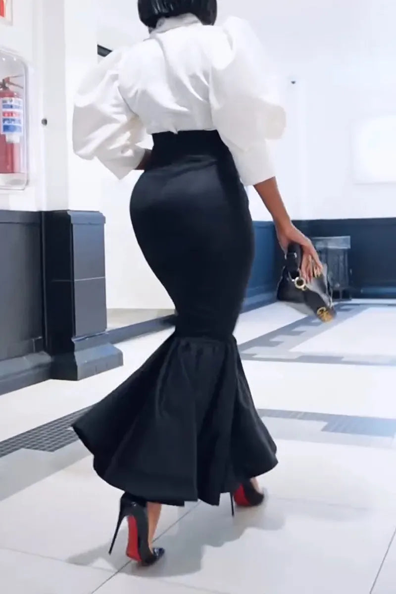Women's Elegant Puff Sleeve Shirts & High Waist Fishtail Skirt