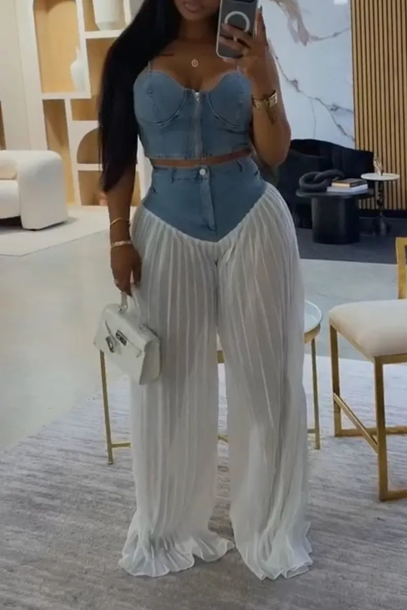 Women Camisole Denim Top or Patchwork Pleated Pants Casual Set