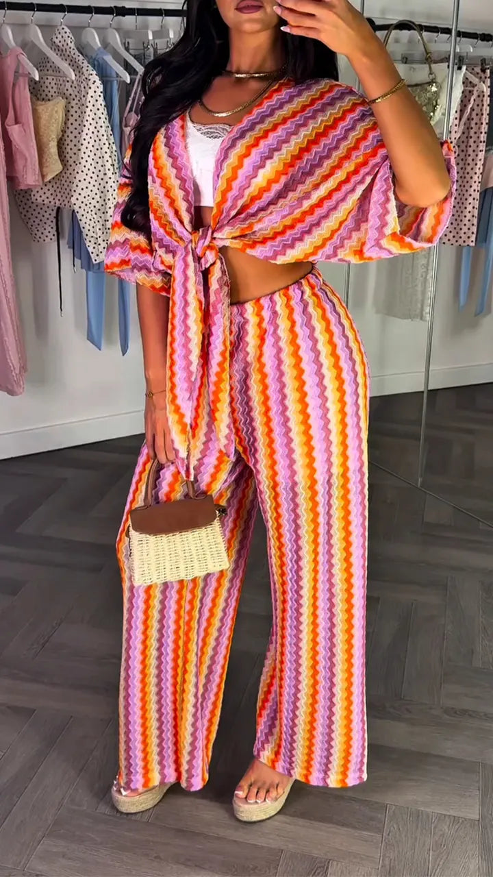 Women Colorful Wavy Cardigan + Pants Casual Set