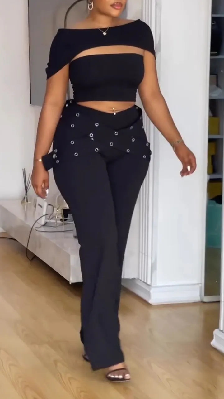 Womens Spliced Hollow Top+ Pants Casual Set with Temperament