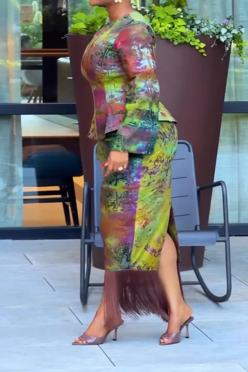 Women Round Neck Printed Waist Cinched Top or Patchwork Tassel Skirt