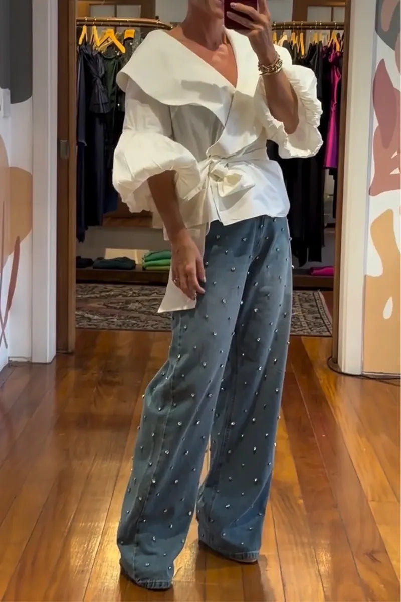 Women Casual V-neck Cinched Waist Shirt or Nail Drill Wide Leg Jeans