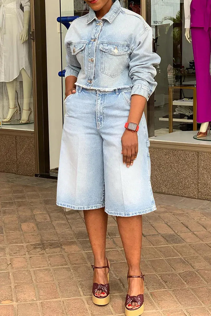 Ladies' Casual Denim Light Washed Top And Shorts