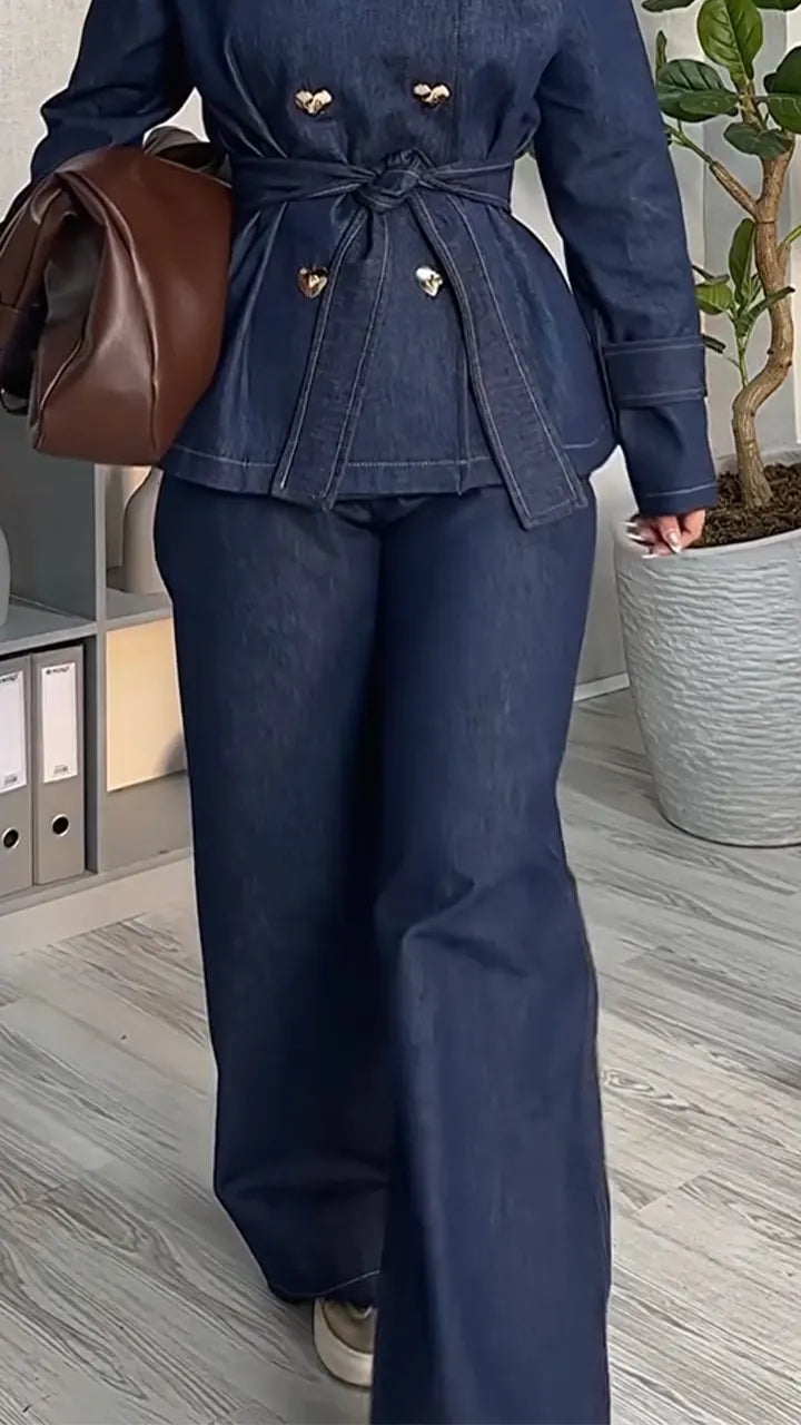 Women Standing Collar Jacket+ Pants Style Casual Denim Suit