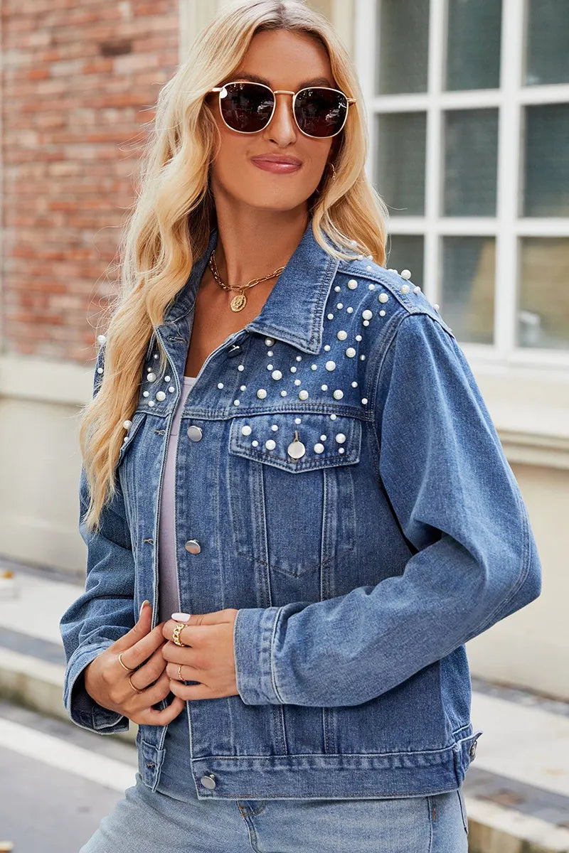 Fashion Pearl Embellished Short Denim