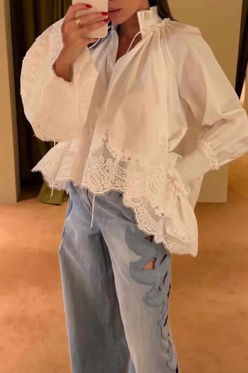 Women Stand Up Collar Patchwork Lace Patterned Top or Washed Side Patterned Hollowed Out Jeans
