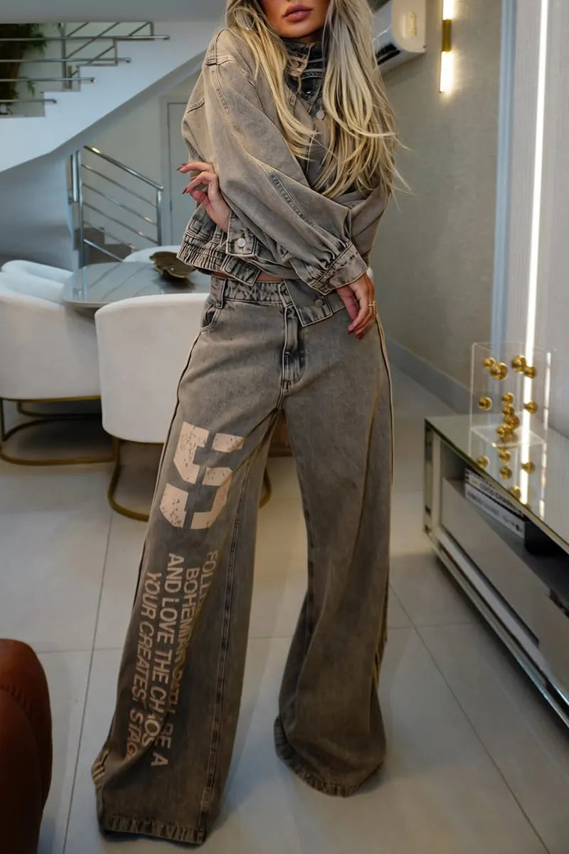 Women Stand Up Collar Denim Jacket or Printed Letter Wide Leg Jeans
