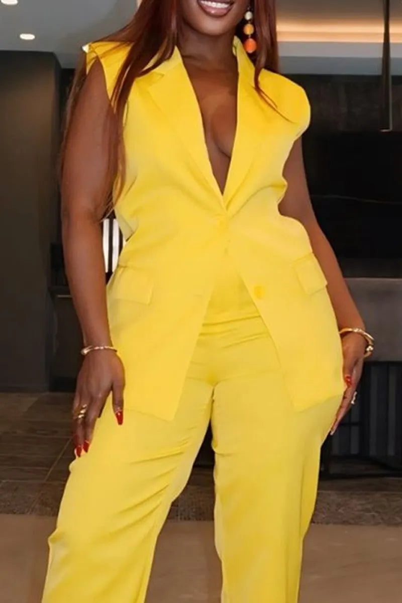 Women's Elegant Yellow Sleeveless Vest Or Wide-Leg Trousers