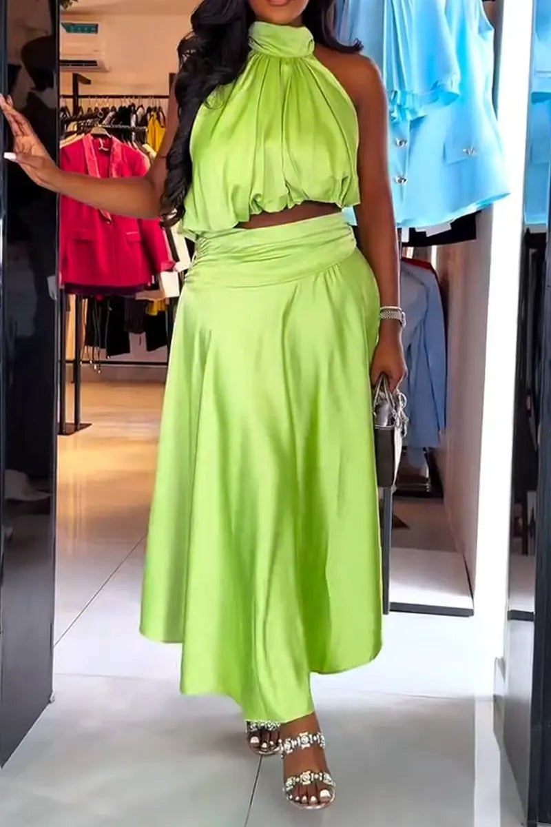 Women Neck Hanging Top + Half Skirt Solid Color Elegant Casual Suit