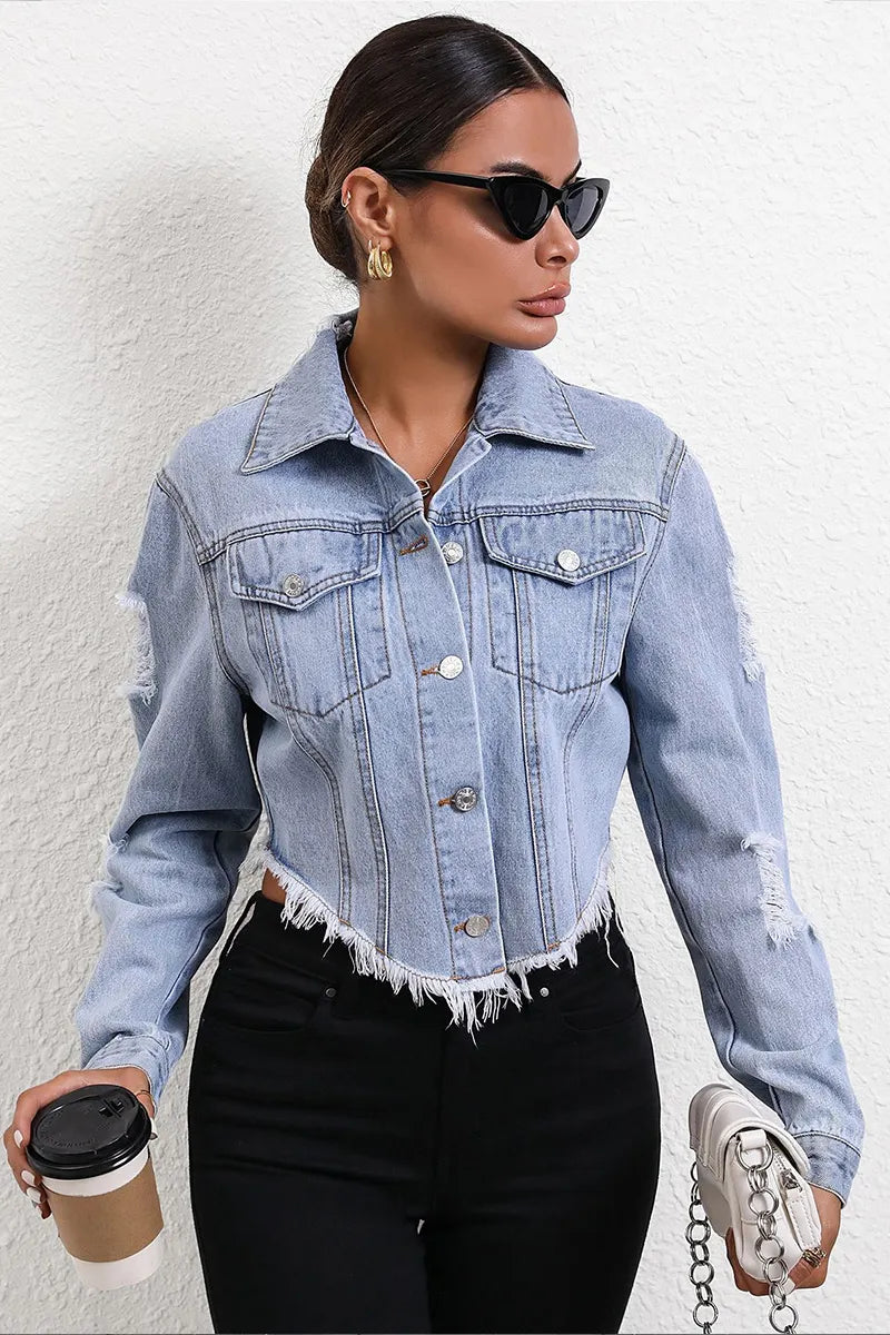 Women's Casual Distressed Denim Cropped Jacket
