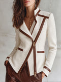 Cream Textured Asymmetric Zip Jacket with Brown Faux-Leather Trim