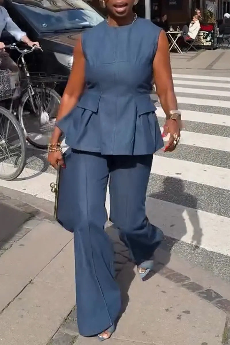 Women's Round Neck Back Hollow Strap Denim Top or Flared Jeans