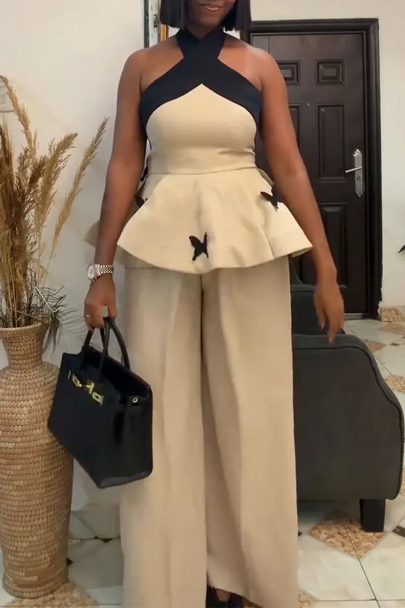 Women Neck and Waist Cinching Top+ Wide Leg Pants Casual Outfit with Temperament