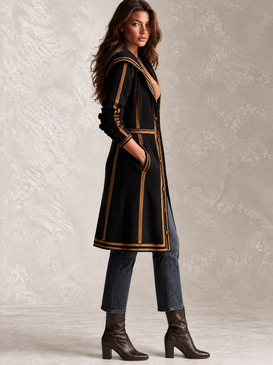 Retro Black Knit Long Tailored Cardigan Coat With Contrast Trim