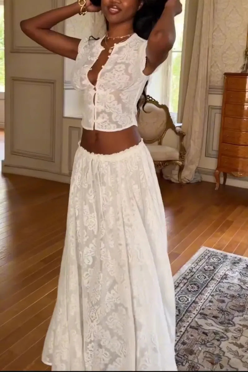Women Round Neck Lace Printed Top+ Half Skirt Elegant Temperament Set