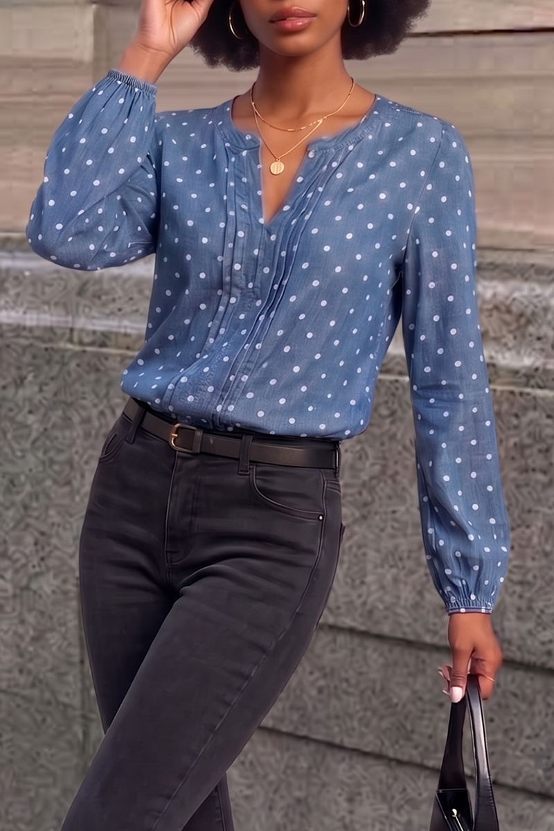 Women's Azure Dotted Split-Neck Chambray Blouse