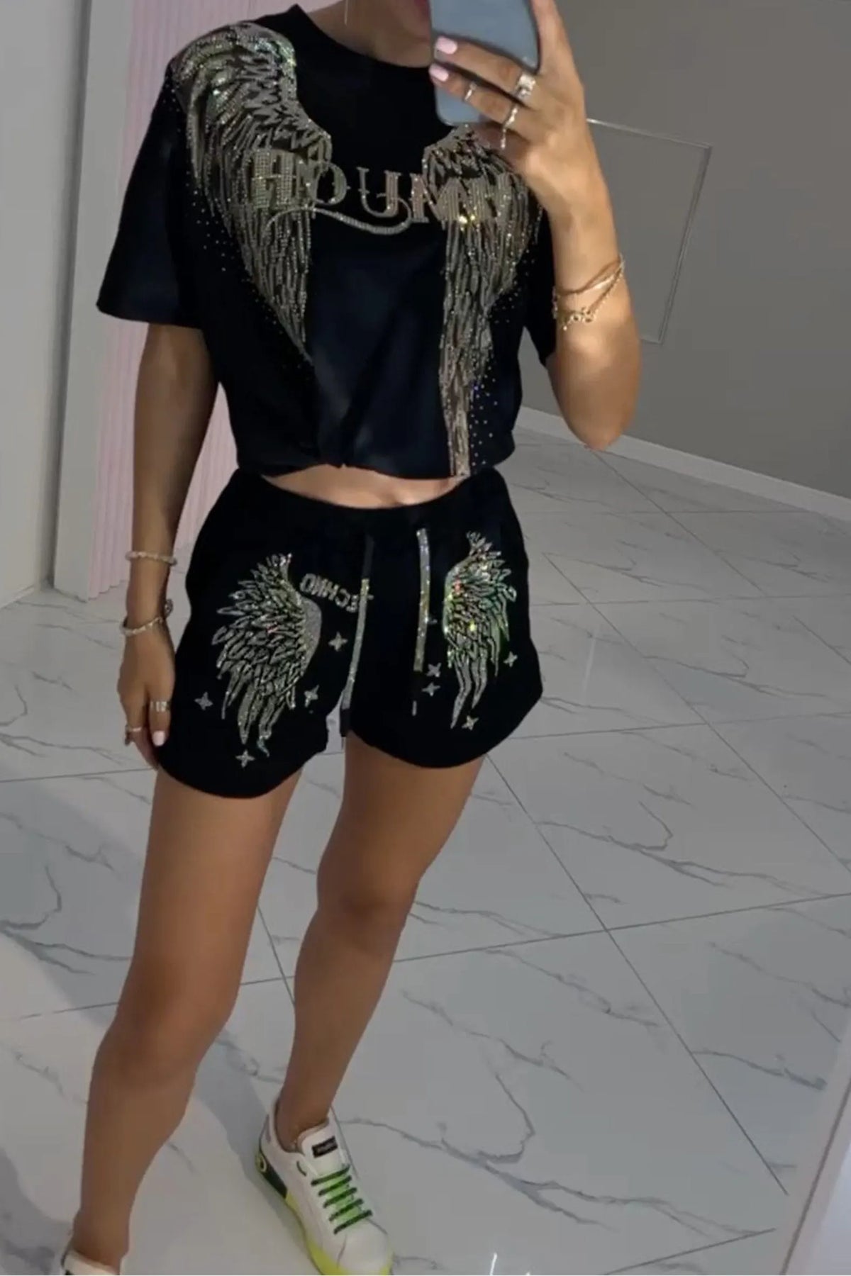 Women's Hot Diamond Pattern Top and Shorts Pants Two-piece Set
