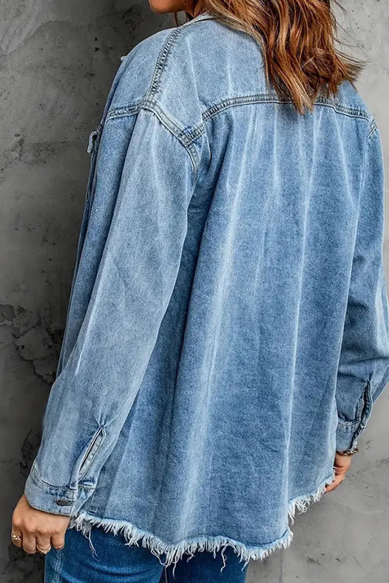 Women' s Distressed Denim Coat With Frayed Hem Detail
