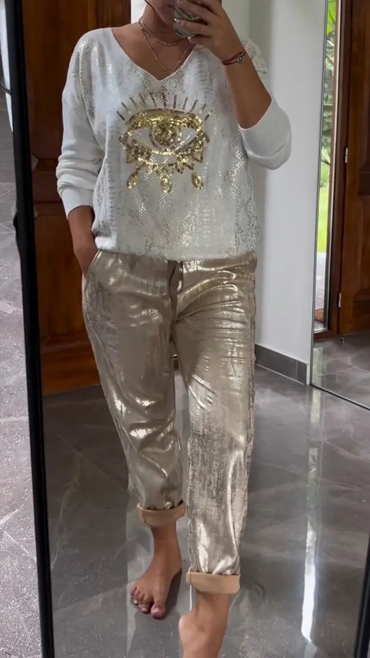 Ladies' V-neck Hot Stamping Printed Top + Pants Casual Set