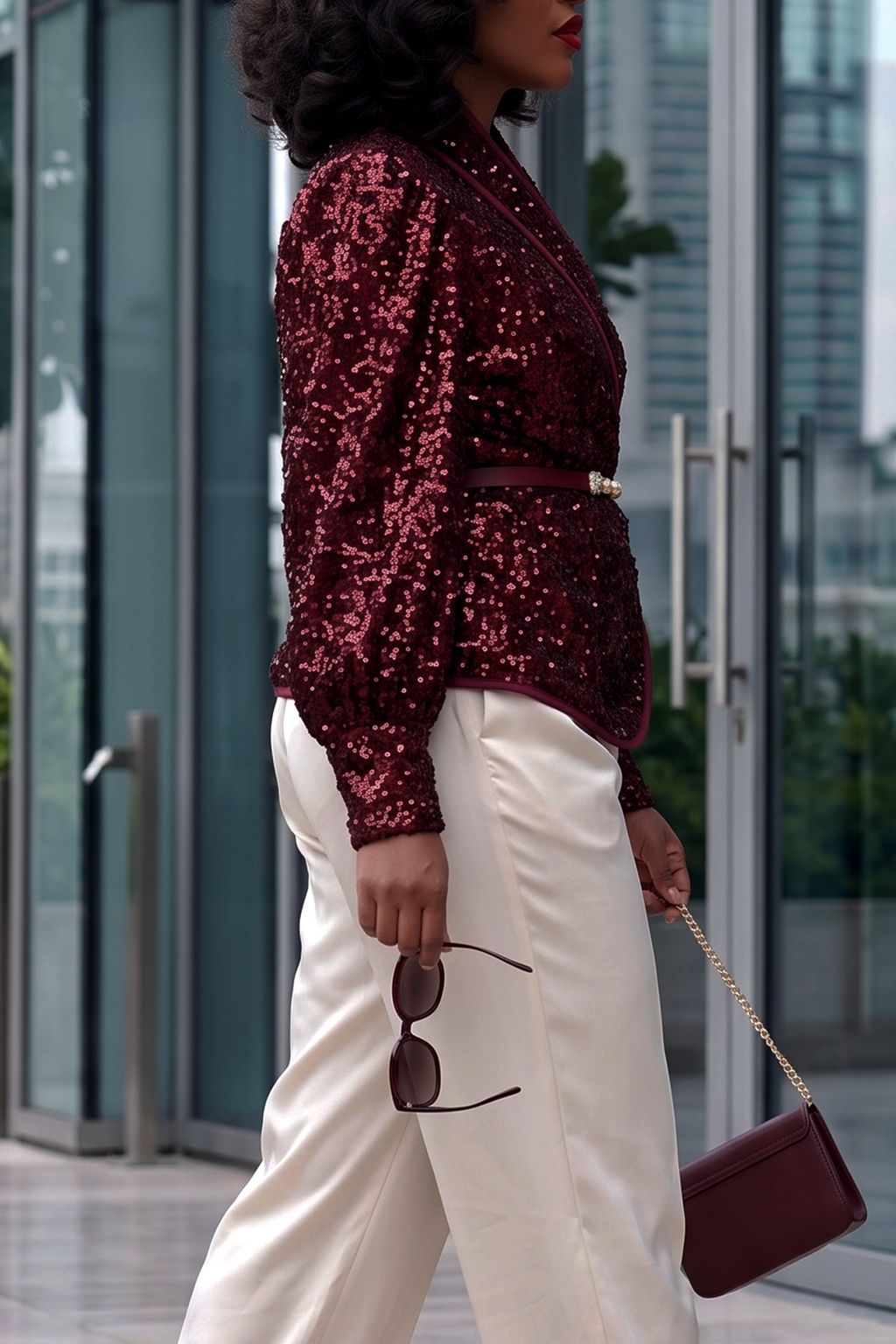 Women's Sparkly Sequin Wrap Top with Belt Long Bishop Sleeve Shawl Lapel Cocktail Jacket