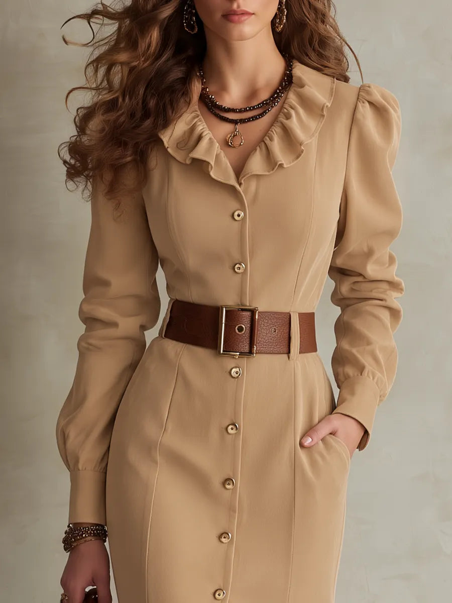 Vintage Khaki Ruffle Collar Belted Button Front Mermaid Maxi Dress