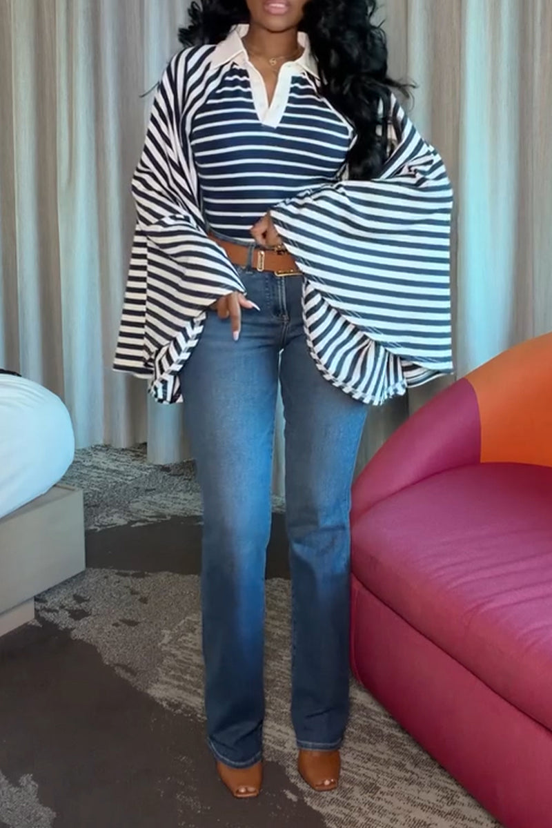 Women's Casual Batwing Sleeve Stripe Patchwork Top