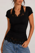 Women's Neck Hanging Lace Patterned Patchwork Casual Top