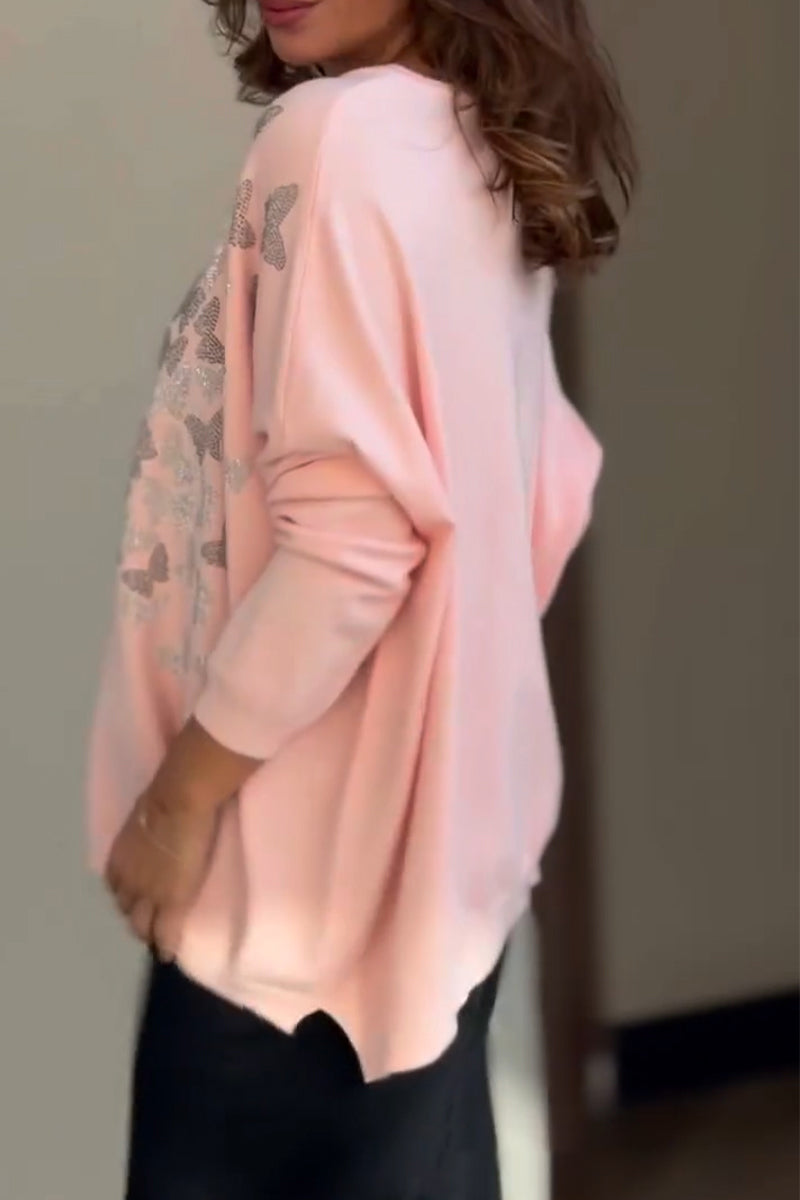 Women's Round Neck Butterfly Pattern Rhinestone Casual Top