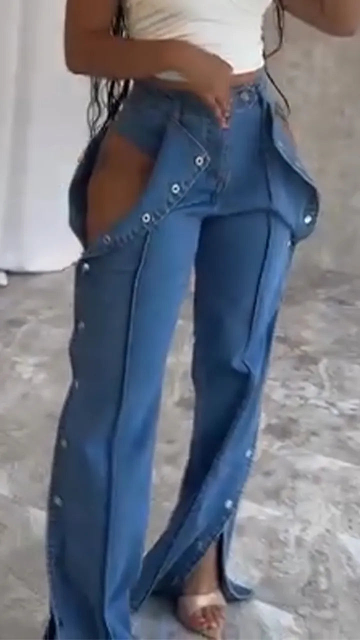 Ladies' Buckle and Slit Casual Denim Pants
