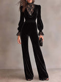 Women's Black Velvet cowl neckline Jumpsuit with Lace High Neck