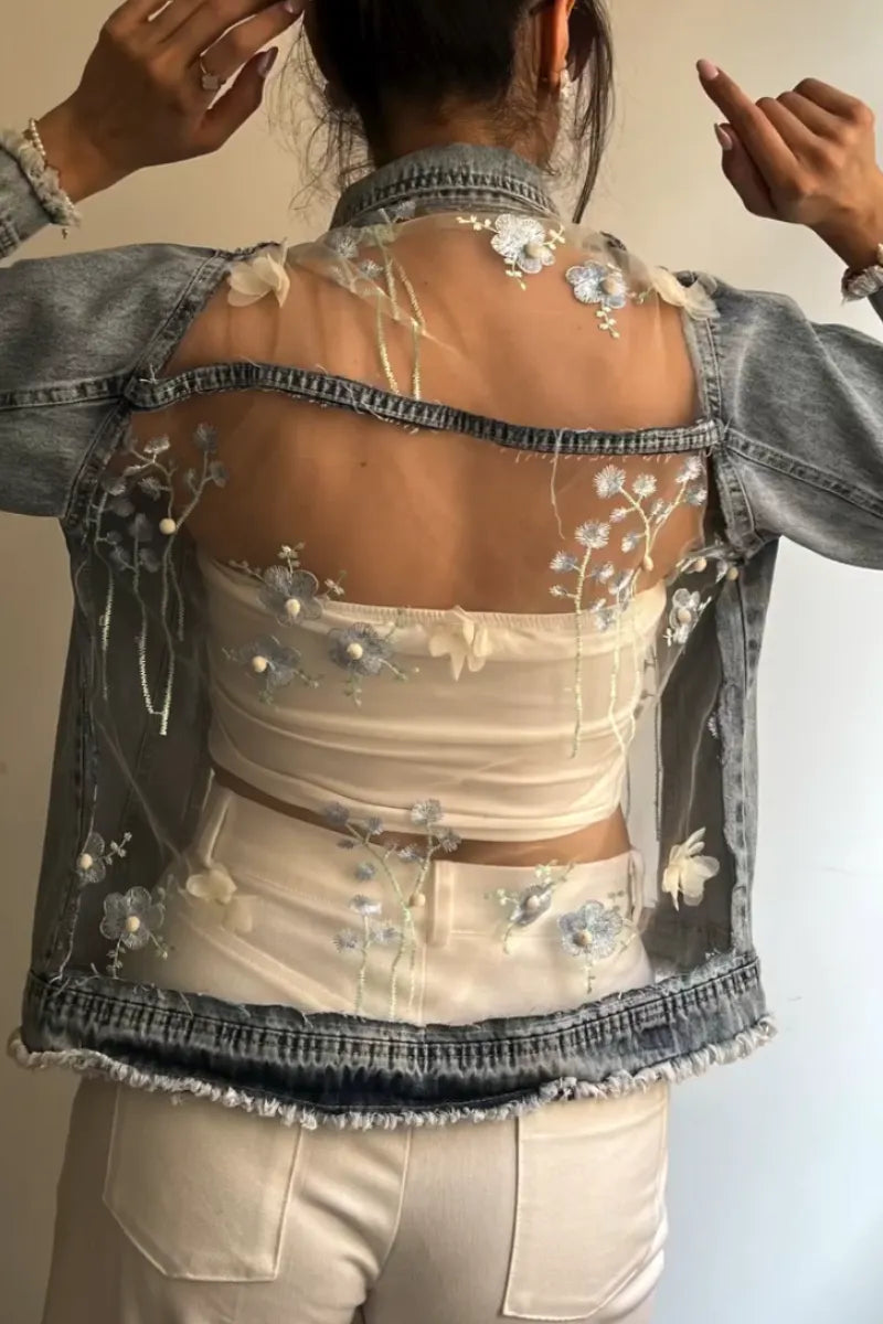 Women Collar Splicing Perspective Flower Casual Denim Jacket