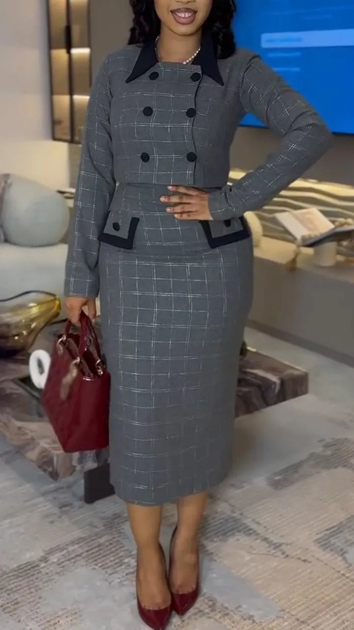 Women Inner Camisole Plaid Dress + Jacket Style Commuting Suit