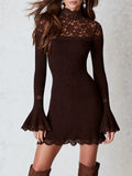 Boho Chocolate Brown Lace Ribbed Knit Mini Dress With Flared Bell Sleeves