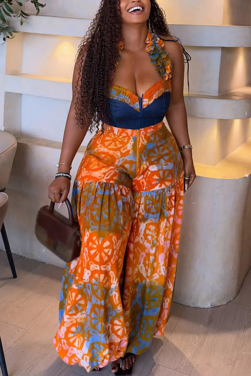 Women Hanging Neck Spliced Denim Print Casual Wide Leg Jumpsuit