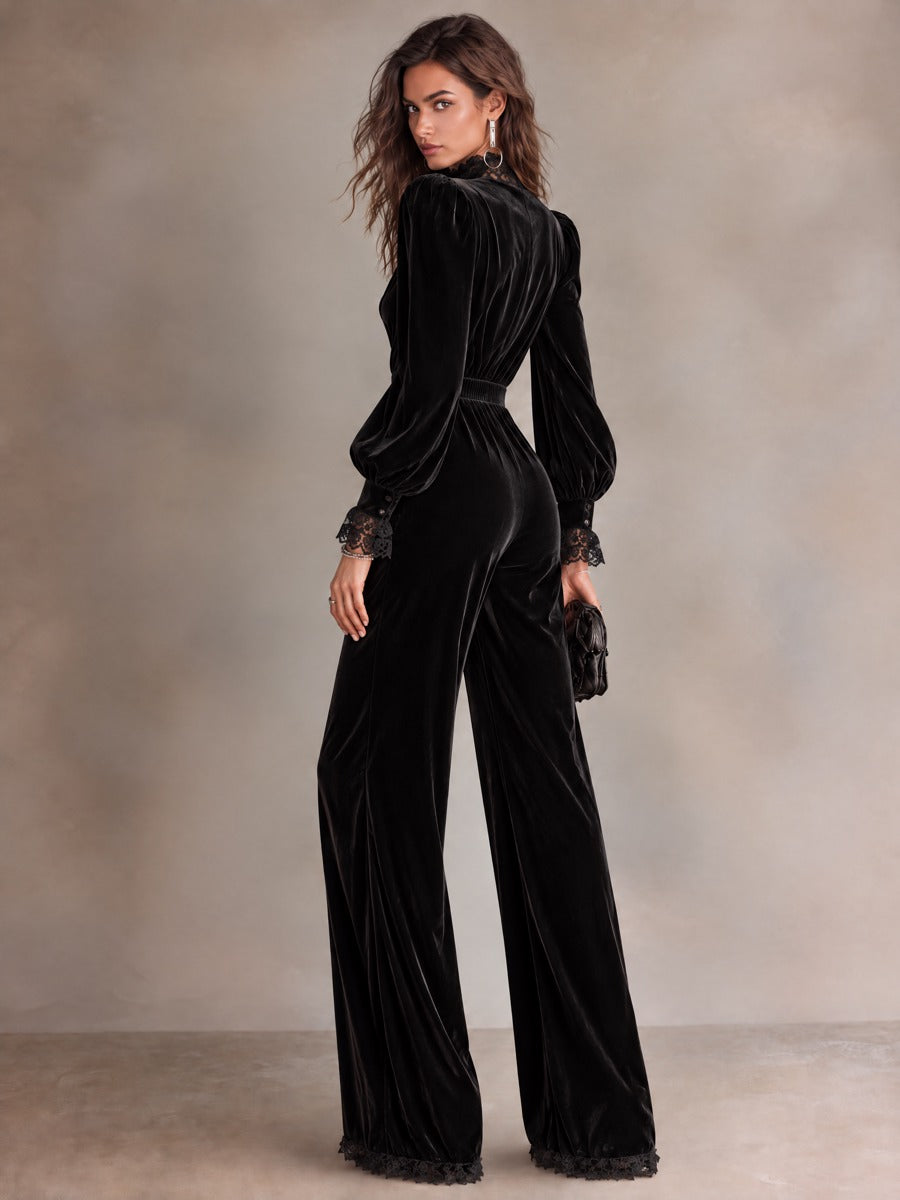 Women's Black Velvet cowl neckline Jumpsuit with Lace High Neck